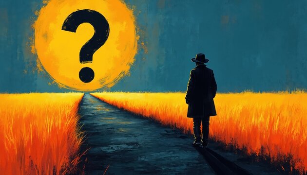 Man in hat walks on path through golden field toward large question mark symbol. Mystery, confusion, searching for answers, unsolved cases, or missing persons themes.