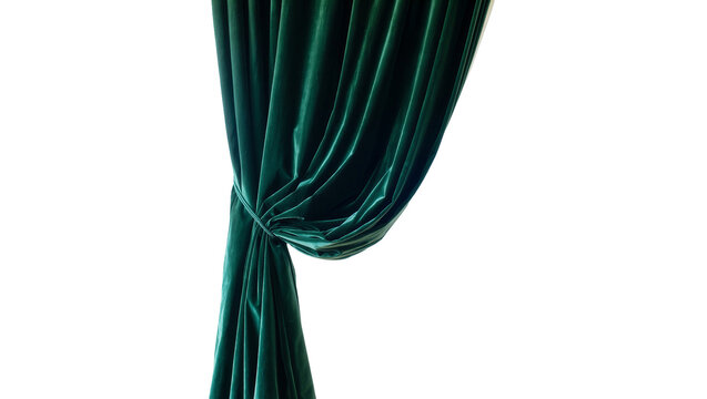 Isolated elegant dark green velvet curtain fabric drapery tied back decorative element