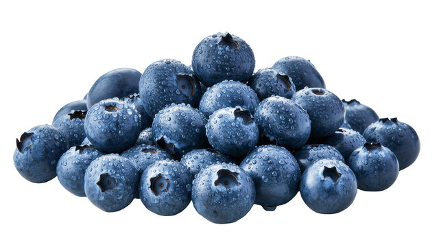 Isolated pile of fresh blueberries with sparkling water drops, healthy superfood fruit