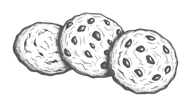 Three textured chocolate chip cookies in a vintage style chips