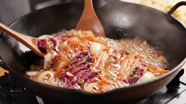 Stirfried Spicy Vegetables. Cooking Vibrant Spicy Vegetable Dish. Sizzling Vegetables Tossed With Spices In Hot Wok. Vibrant Vegetables Stirfried With Spices And Caramelized Edges In Hot Oil.