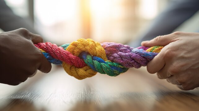 Diverse hands intertwine colorful ropes in a circle to symbolize unity, leadership, and collaborative partnership