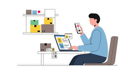 Naklejka premium Man Managing Online Store and E-commerce Business Logistics Using Laptop and Smartphone