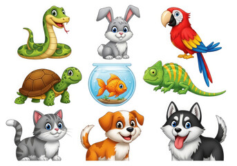 Naklejka premium Colorful cartoon animals including snake, rabbit, parrot, turtle, fish, chameleon, cat, dog, and husky isolated on white background