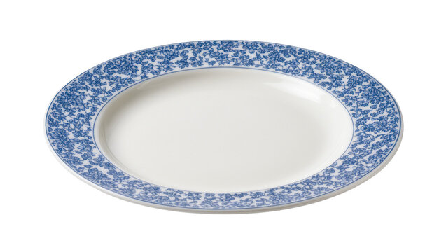Isolated white ceramic plate featuring an intricate blue floral pattern along the rim, elegant dinnerware for serving.