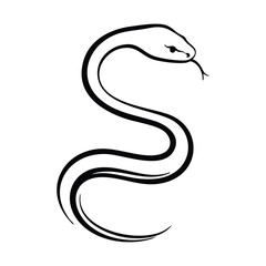 Fototapeta premium Simple black and white line art drawing of a snake coiled in an S-shape with its tongue flicking out, isolated on a white background.