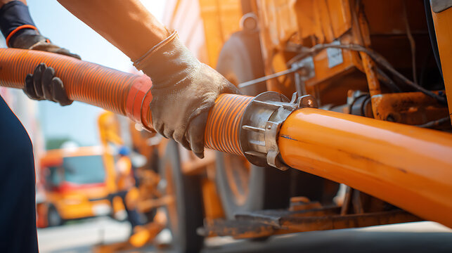 Industrial scene with hands connect heavy duty hose pipes for liquid transfer service on construction site or commercial transport operation