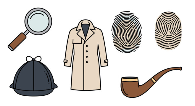 A cartoon illustration of detective items including a magnifying glass trench coat fingerprints deerstalker hat and smoking pipe, Generative AI.