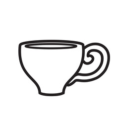Vintage cup with ornate handle line art illustration on white background