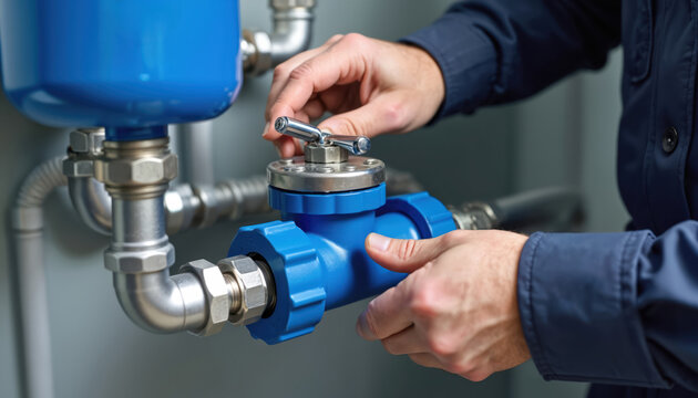 Plumber adjusts blue water softener valve system with shiny metal pipes. Pro worker installs home water filter unit. Technician fixes appliance with tools for water supply.