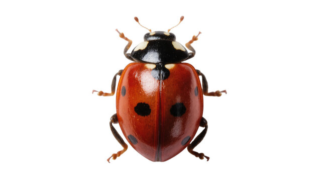 Isolated ladybug beetle, vibrant red shell with black spots, common garden insect pest control