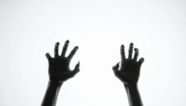 Silhueta escura de duas m&atilde;os assustadas ou desesperadas pressionando um vidro ou superf&iacute;cie transl&uacute;cida.