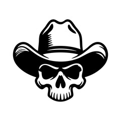 Logotipo con dibujo minimalista de una calavera con sombrero de cowboy para fiestas de Halloween  © teracreonte