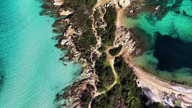 Aerial view of Karydi Beach in Vourvourou, Sithonia peninsula, Chalkidiki, Greece in spring offseason