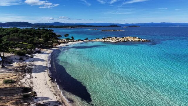 Aerial view of Karydi Beach in Vourvourou, Sithonia peninsula, Chalkidiki, Greece in spring offseason