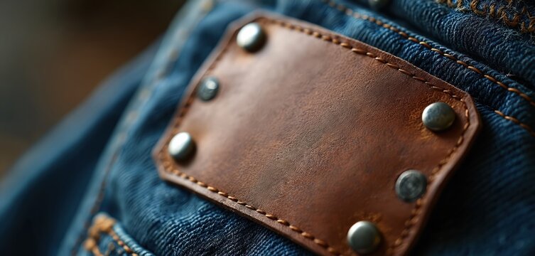 Close-up of denim jeans featuring a rustic leather patch with metal rivets. Stitched detail on fabric and patch. Ideal for fashion or branding.