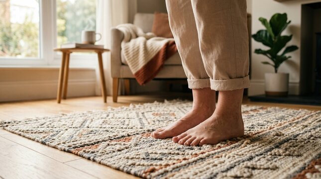 Young person standing barefoot on a patterned rug in a cozy room  