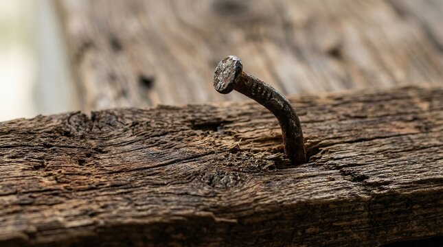 Rusted nail sticking out of weathered wooden plank  