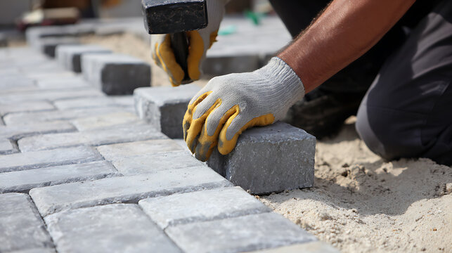 Professional worker install paver blocks on sandy base, close up. Construction site with new gray paving stones. Hands in protective gloves use rubber hammer to set block