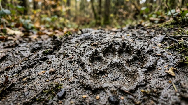 Dog paw print embedded in muddy ground in forest environment  