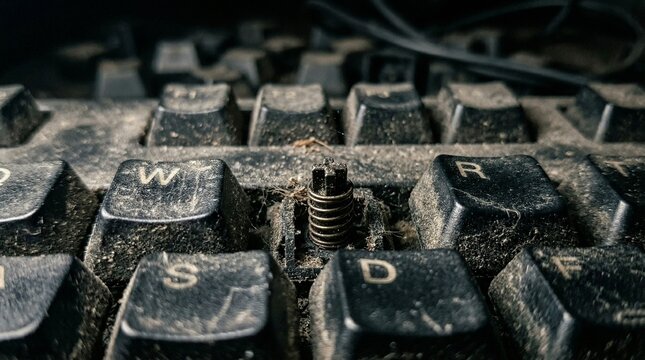Dusty keyboard with missing key on close-up view in dark setting  