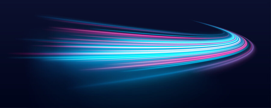 Neon blue light trails rush across a futuristic city highway at night. Motion blur creates fast digital speed energy flow. Clean vector art.