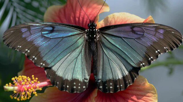 Majestic blue Morpho butterfly gracefully rests upon a vibrant hibiscus bloom in a sunny tropical garden