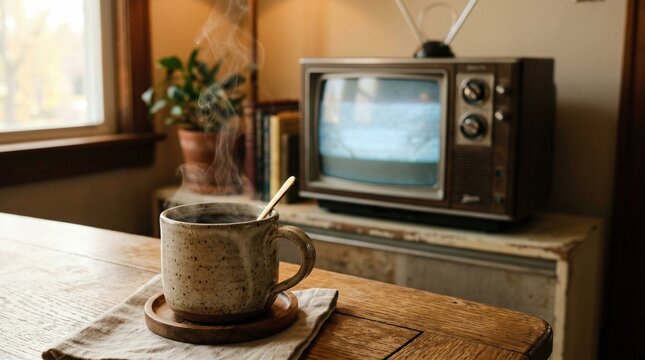 Vintage TV beside steaming coffee cup on rustic wooden table  