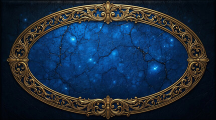 Fototapeta premium Ornate vintage oval golden frame enclosing dark glowing blue cosmic nebula texture on dark leather background