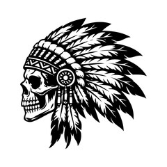 Logo calavera con tocado de guerra de jefe indio americano. Icono con tocado tradicional de plumas de guerrero indio muerto, de perfil  © teracreonte