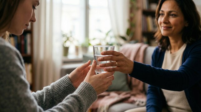 Woman offering a glass of water to another woman during therapy session  