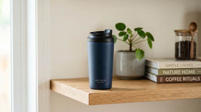 Thermal mug on wooden shelf next to potted plant and books  