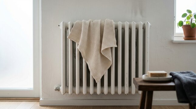 Towel hanging on radiator in modern home interior with plants  