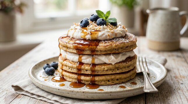 Stacked vegan pancakes topped with cream and blueberries on plate  