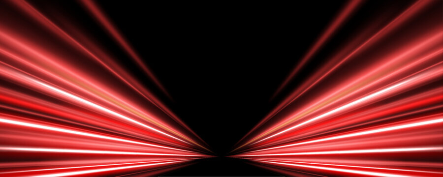 Bright red lines sweep through futuristic expressway scene. Light trails create smooth high speed digital motion effect. Abstract design.