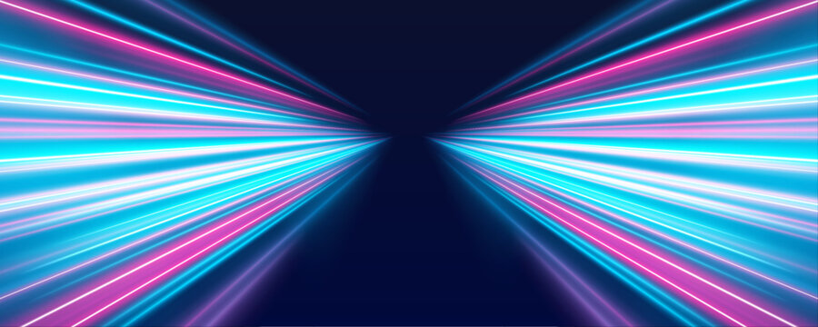 Electric blue and pink streaks rush across futuristic night road system. Light motion blur enhances speed and glowing energy dynamics. Clean PNG art.