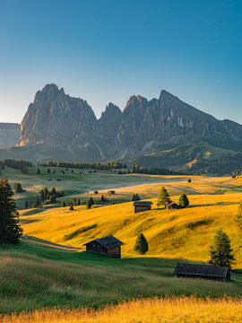 Mountain landscape at Alpi di Siusi, Dolomites, Summer time, at sunrise