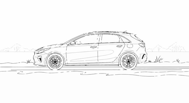 A black and white sketch of a modern hatchback car parked outdoors with a simple landscape
