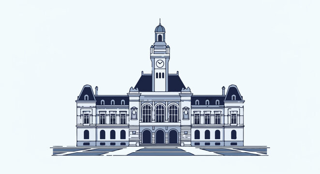 A simplified, flat design illustration of a grand building with a clock tower