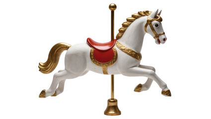 Isolated elegant white carousel horse with red saddle and golden accents for carnival fun. © Aliona