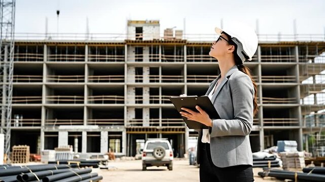 Construction Oversight: A diligent construction inspector, in a hard hat, meticulously examines a building site. She is holding clipboard in hand.