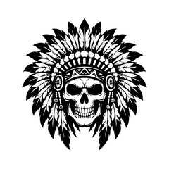 Logo calavera con tocado de guerra de jefe indio americano. Icono con tocado tradicional de plumas de guerrero indio muerto, de frente  © teracreonte