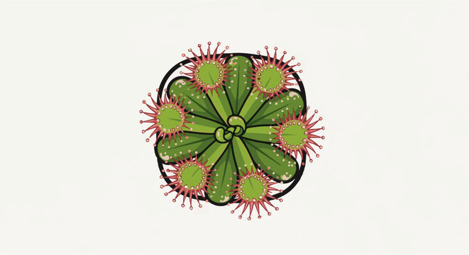 A stylized sundew plant with round, green leaves and spiky, red tentacle-like structures