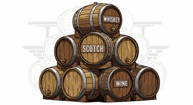 Stacked wooden barrels labeled Whiskey, Scotch, and Wine