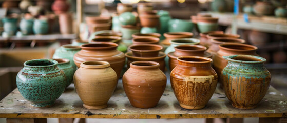Fototapeta premium Clay pots with multicoloured glazes are lined up on the shelf, showcasing the craftsmanship and traditions of pottery, which will provide an atmospheric backdrop 