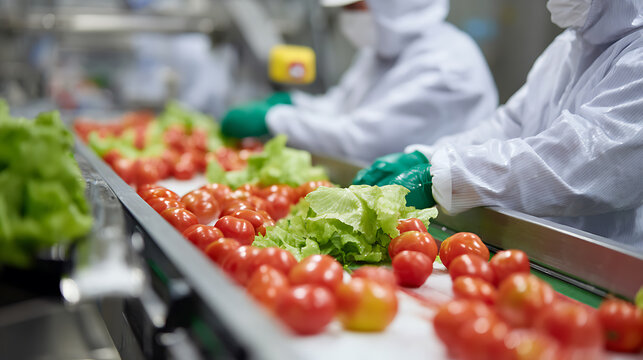 Fresh produce sorting on conveyor belt by workers in protective suits, ensuring quality and hygiene in a modern food processing plant