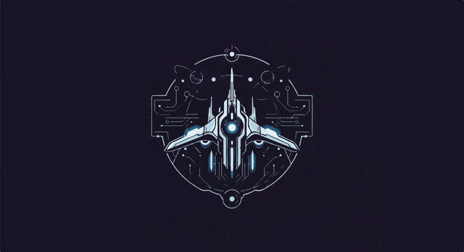 Futuristic geometric spaceship emblem with circuitry and planets on dark background