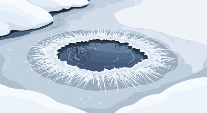 Frozen pond with open water and icy spikes