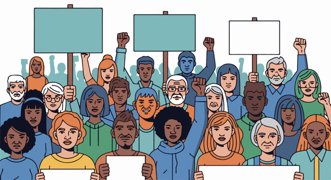 Diverse group of people with raised fists and signs during a protest