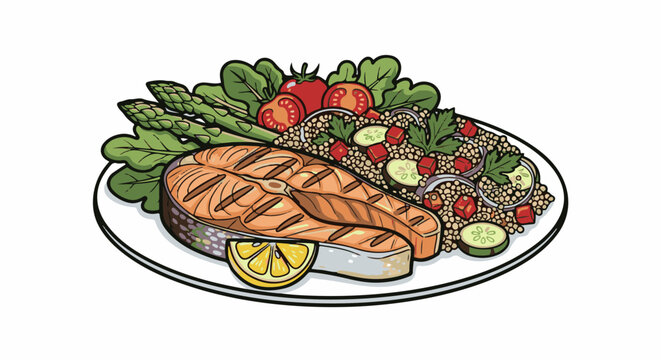 Grilled salmon steak with quinoa salad, asparagus, and tomatoes